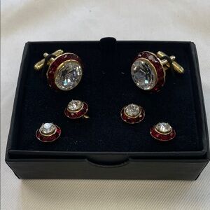 Faceted Clear Crystal Center Stone and Ruby Stone Boarder Cufflinks and Studs